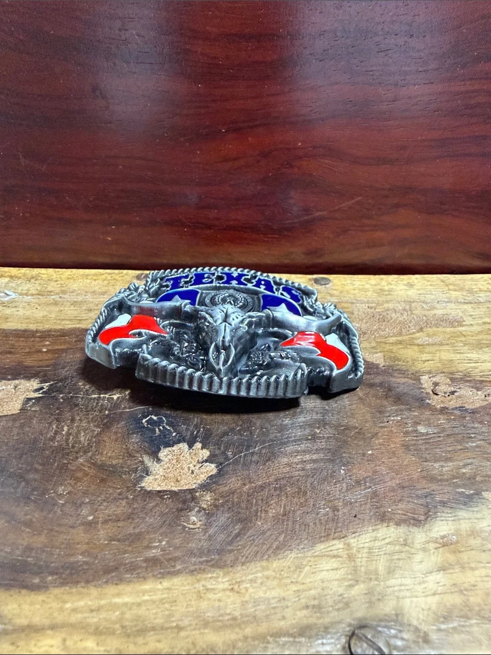 Texas Longhorn Western Belt Buckle - Blue & Red Enamel